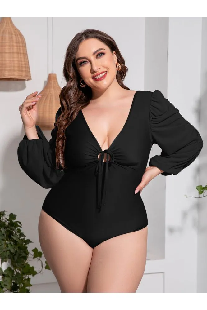 Plus Size Women Tied Deep V Balloon Sleeve One-Piece Swimsuit