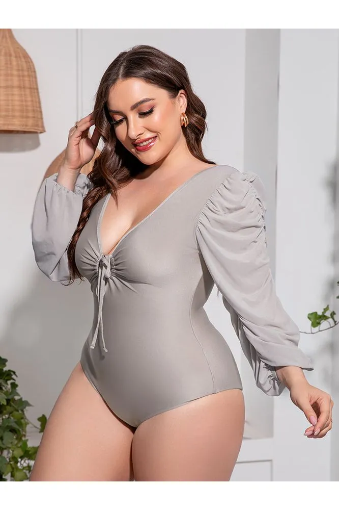 Plus Size Women Tied Deep V Balloon Sleeve One-Piece Swimsuit