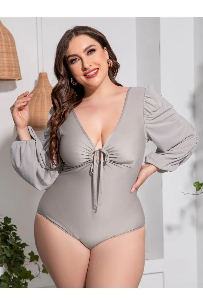 Plus Size Women Tied Deep V Balloon Sleeve One-Piece Swimsuit