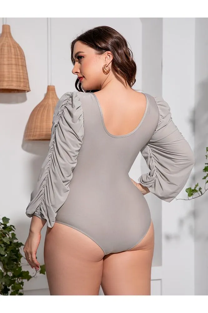 Plus Size Women Tied Deep V Balloon Sleeve One-Piece Swimsuit