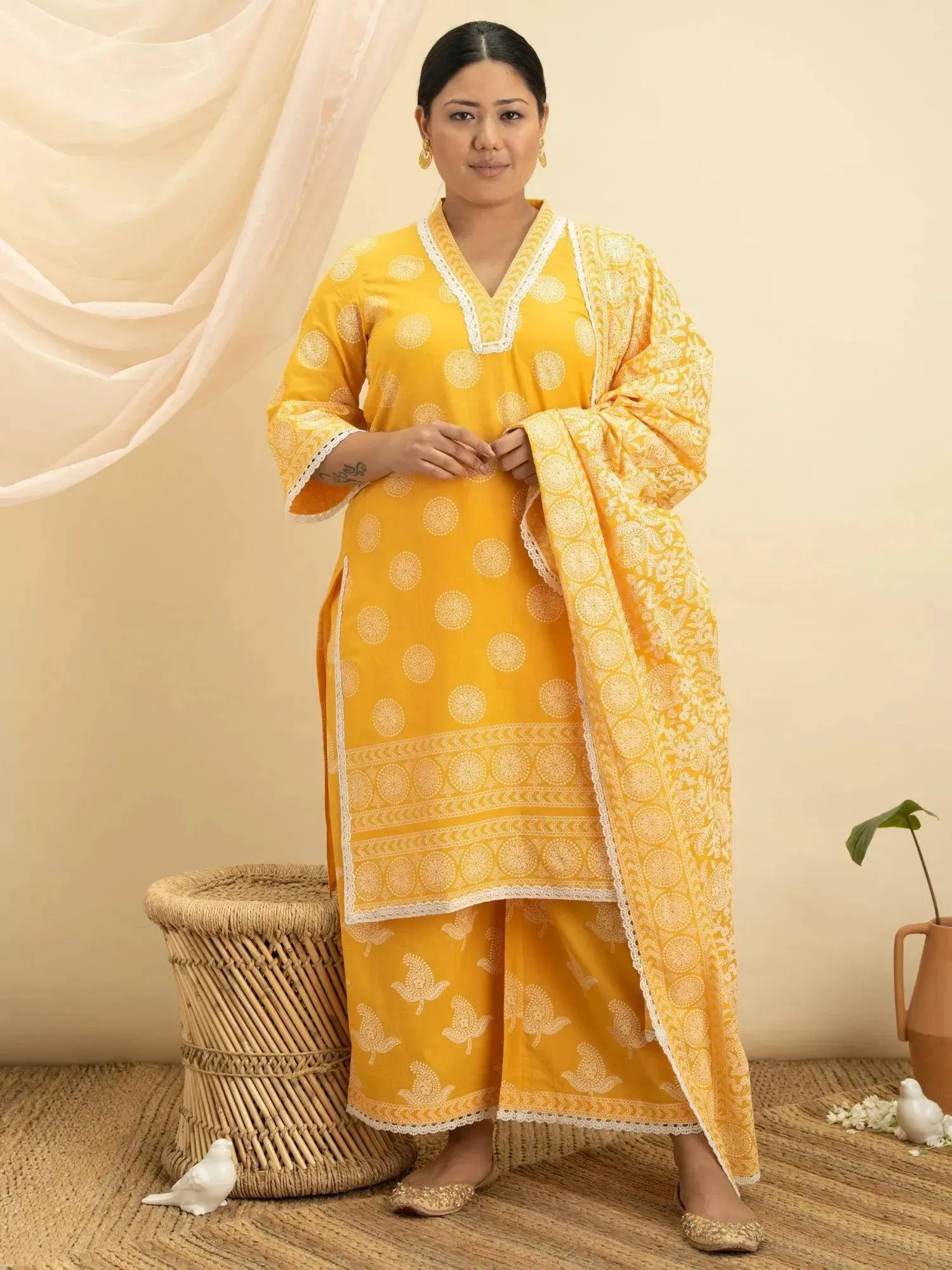 Plus Size Yellow Printed Cotton Straight Kurta With Sharara & Dupatta