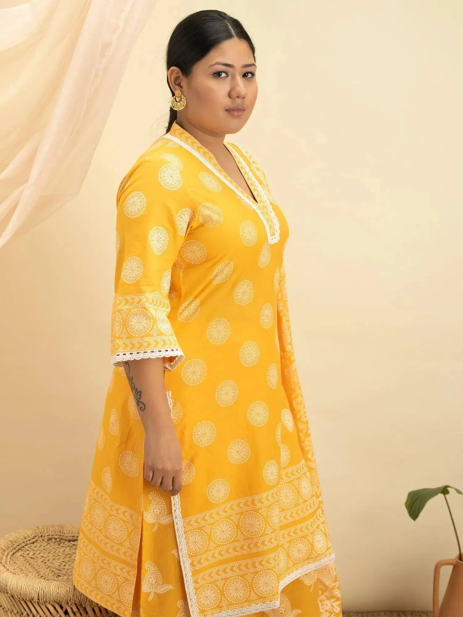 Plus Size Yellow Printed Cotton Straight Kurta With Sharara & Dupatta