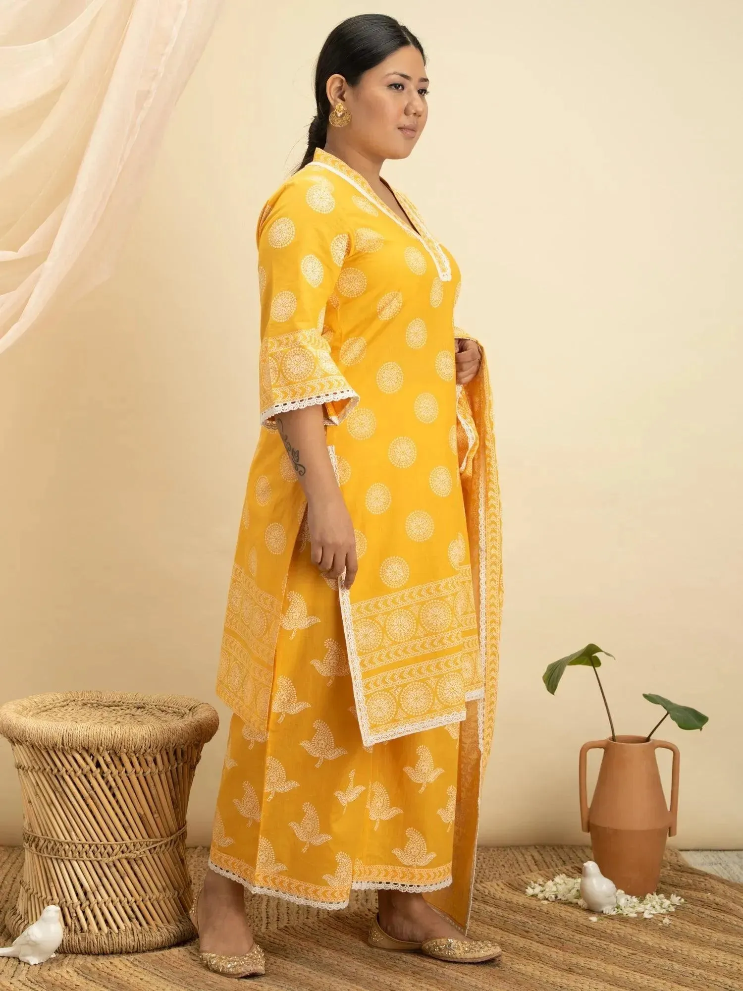 Plus Size Yellow Printed Cotton Straight Kurta With Sharara & Dupatta