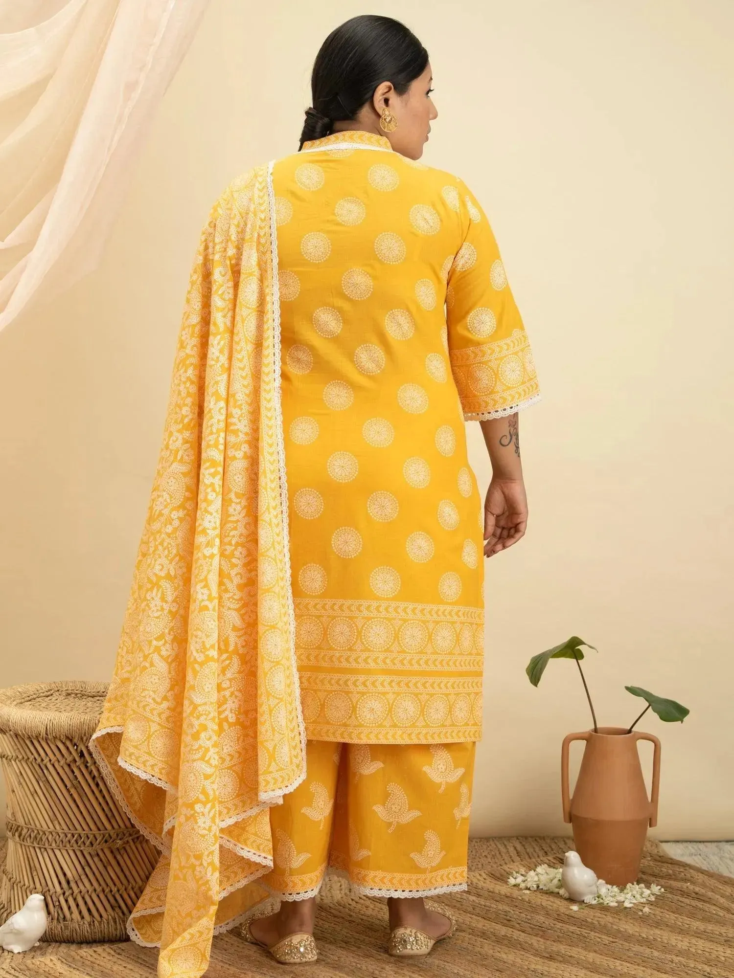 Plus Size Yellow Printed Cotton Straight Kurta With Sharara & Dupatta