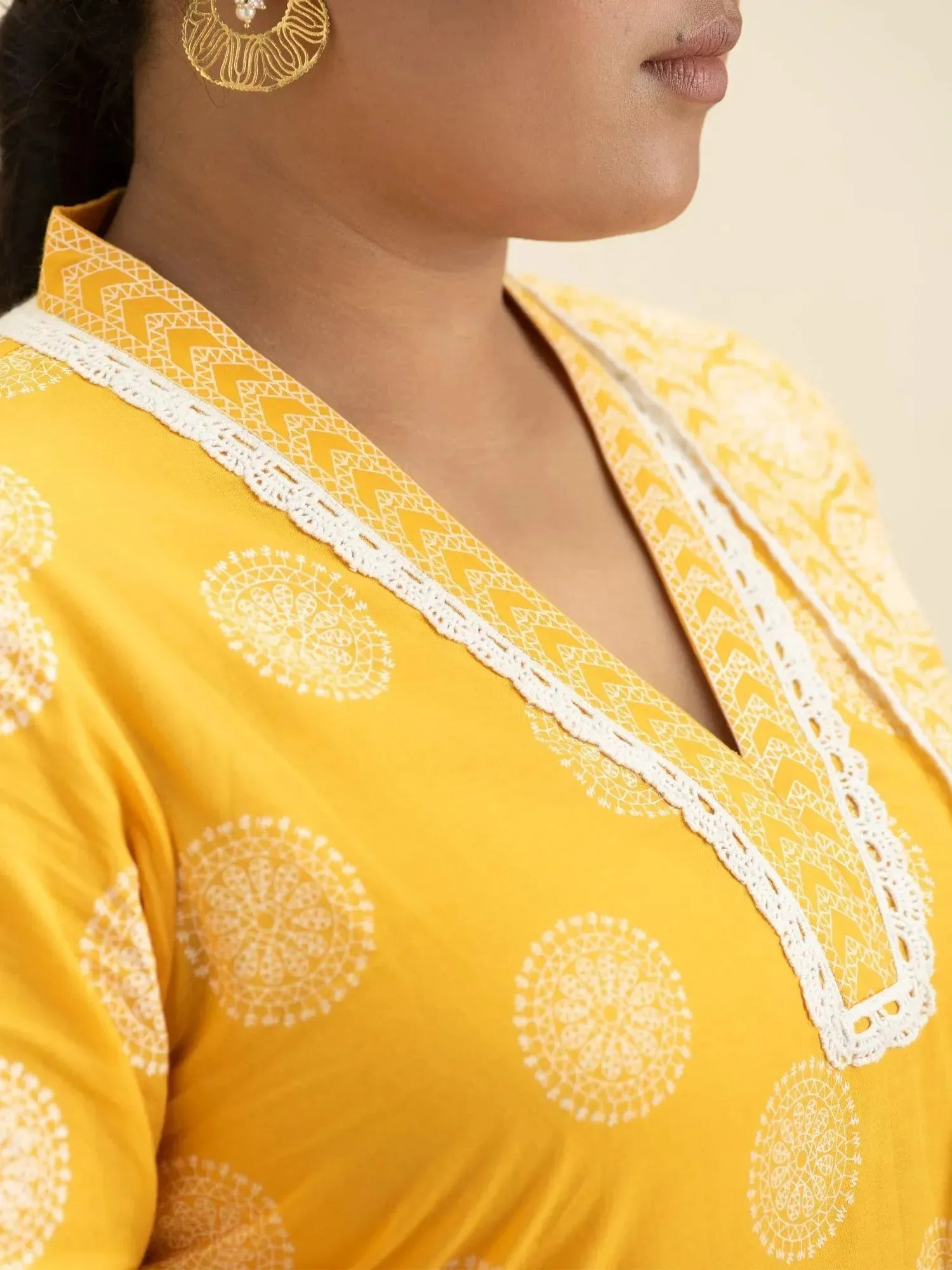 Plus Size Yellow Printed Cotton Straight Kurta With Sharara & Dupatta