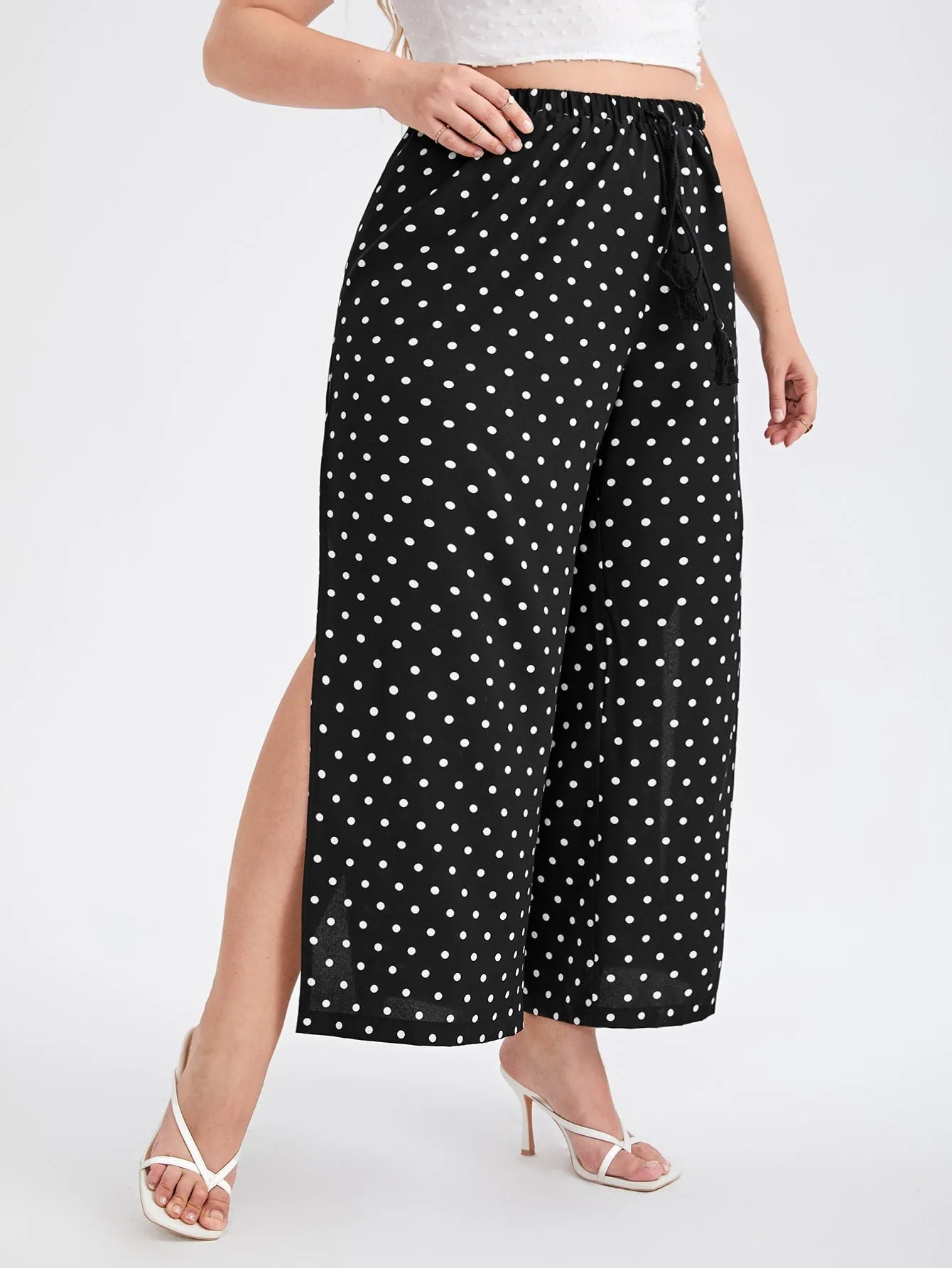 Polka Dot Split Thigh Long Plus Size Pants