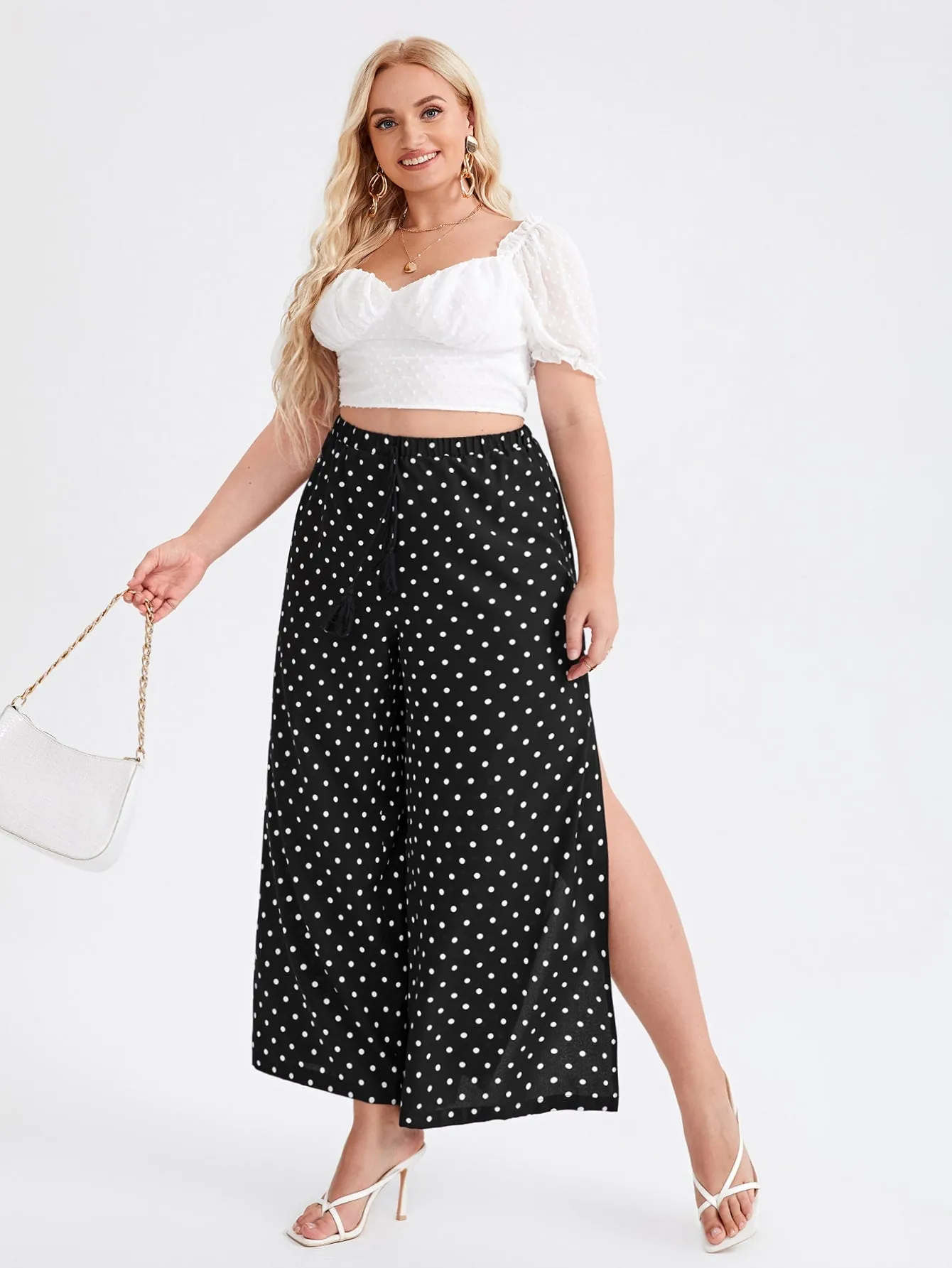 Polka Dot Split Thigh Long Plus Size Pants