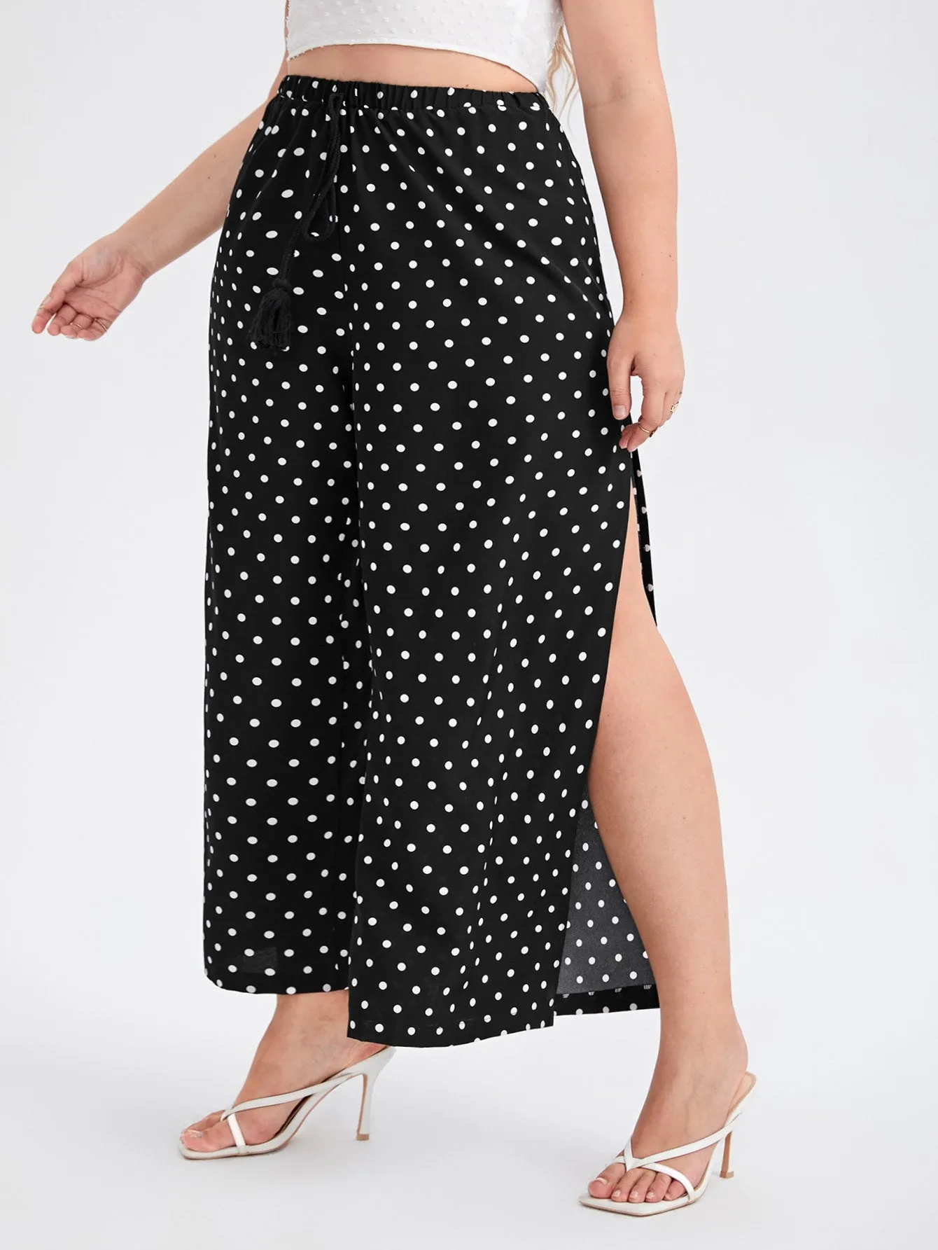 Polka Dot Split Thigh Long Plus Size Pants