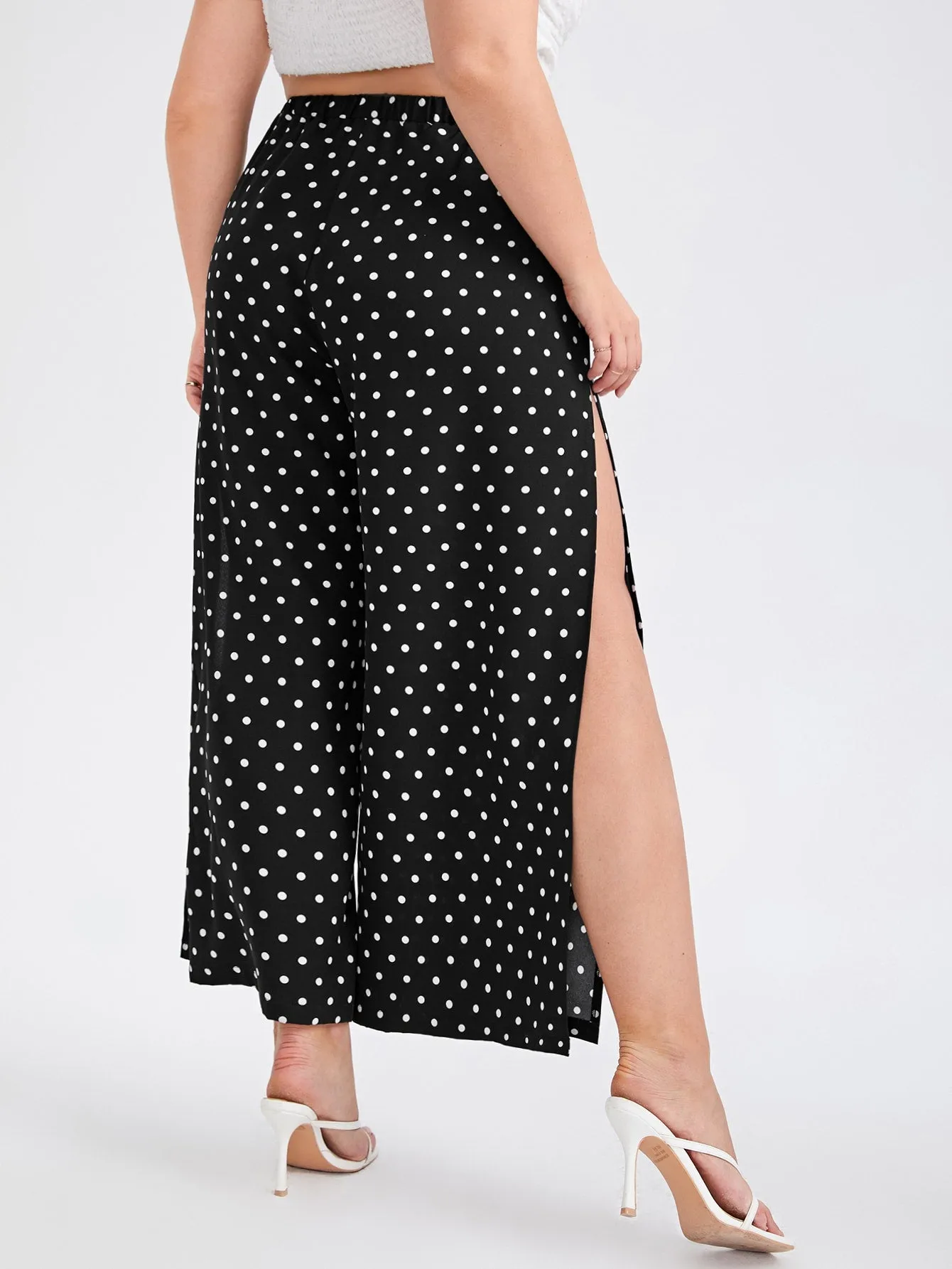 Polka Dot Split Thigh Long Plus Size Pants