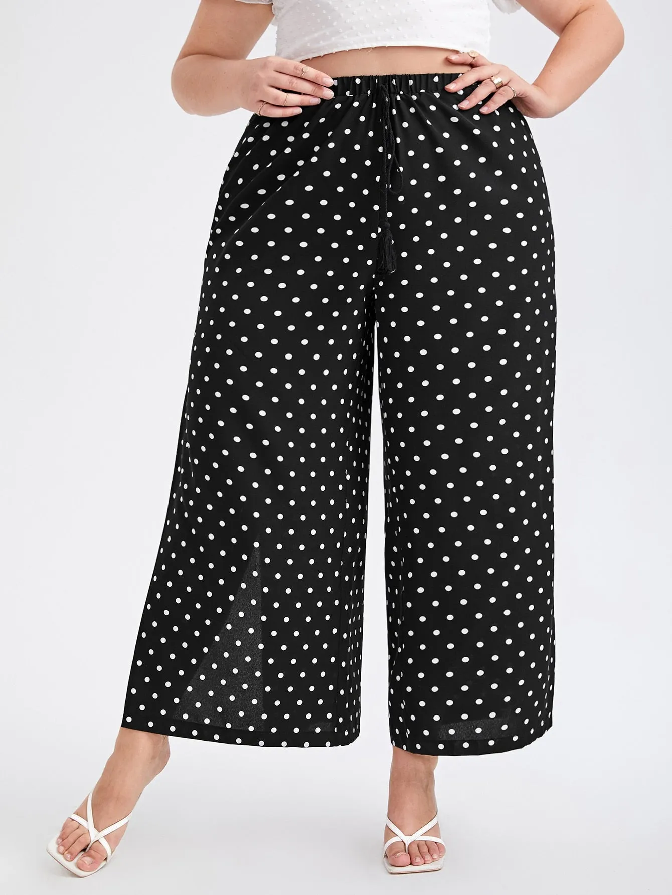 Polka Dot Split Thigh Long Plus Size Pants