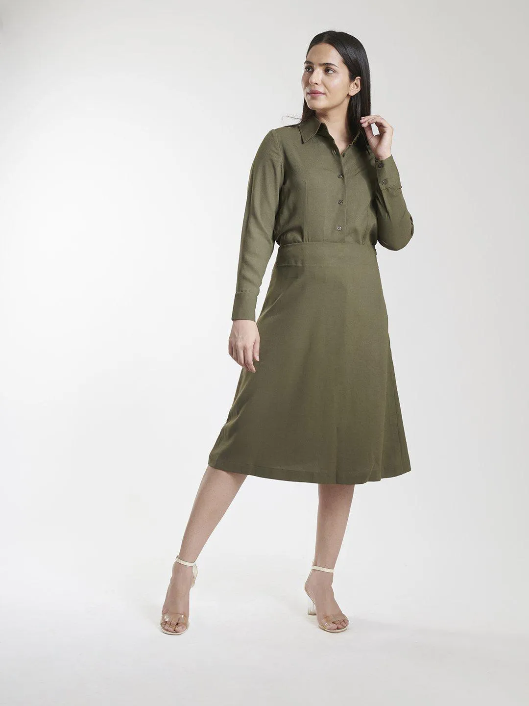 Poly Moss A Line Skirt Suit - Olive Green