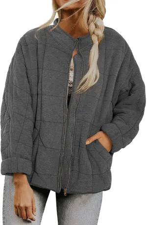 Quilted Jackets for Women Zip Up Plus Size Long Sleeve Coat Lightweight Puffer Jackets Loose Fit Winter Warm Outwear