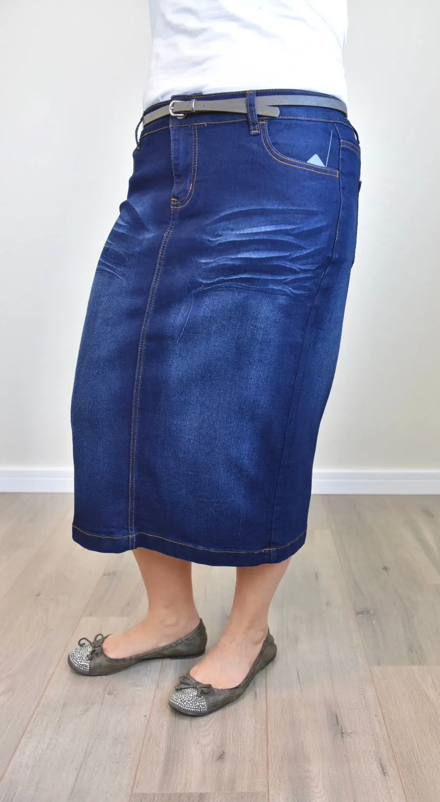 "Ava" Dark Indigo Calf Length Denim Skirt
