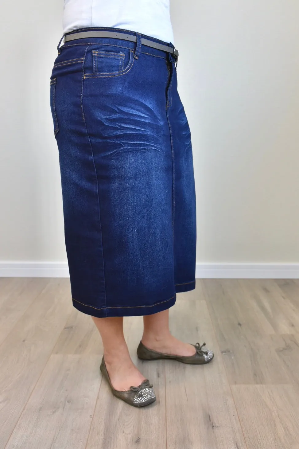 "Ava" Dark Indigo Calf Length Denim Skirt