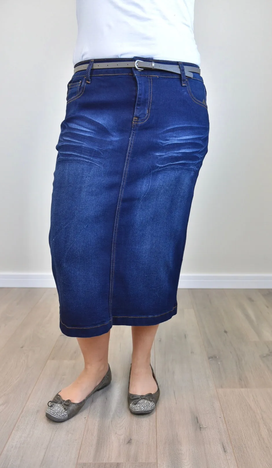 "Ava" Dark Indigo Calf Length Denim Skirt