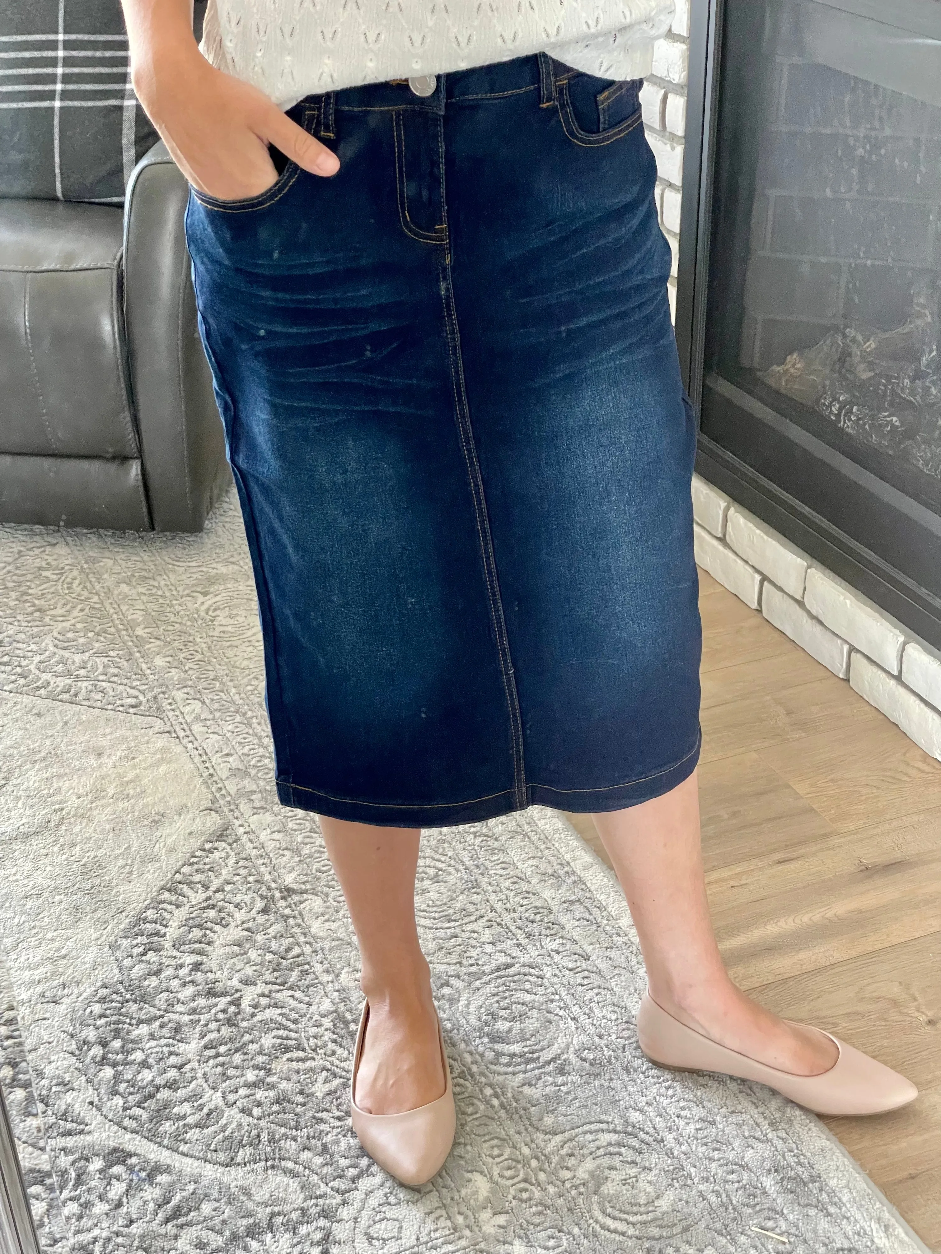 "Ava" Dark Indigo Calf Length Denim Skirt