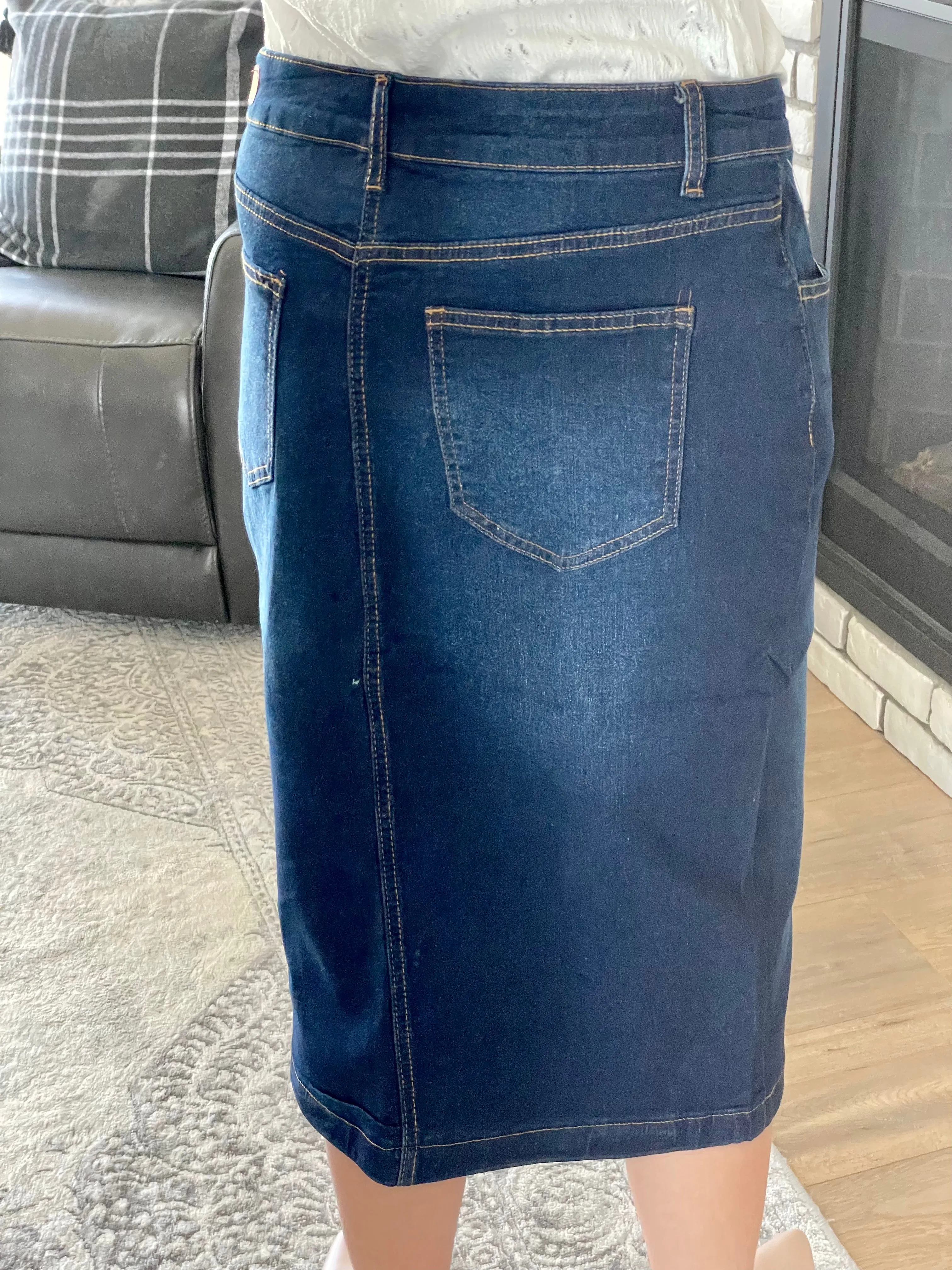 "Ava" Dark Indigo Calf Length Denim Skirt