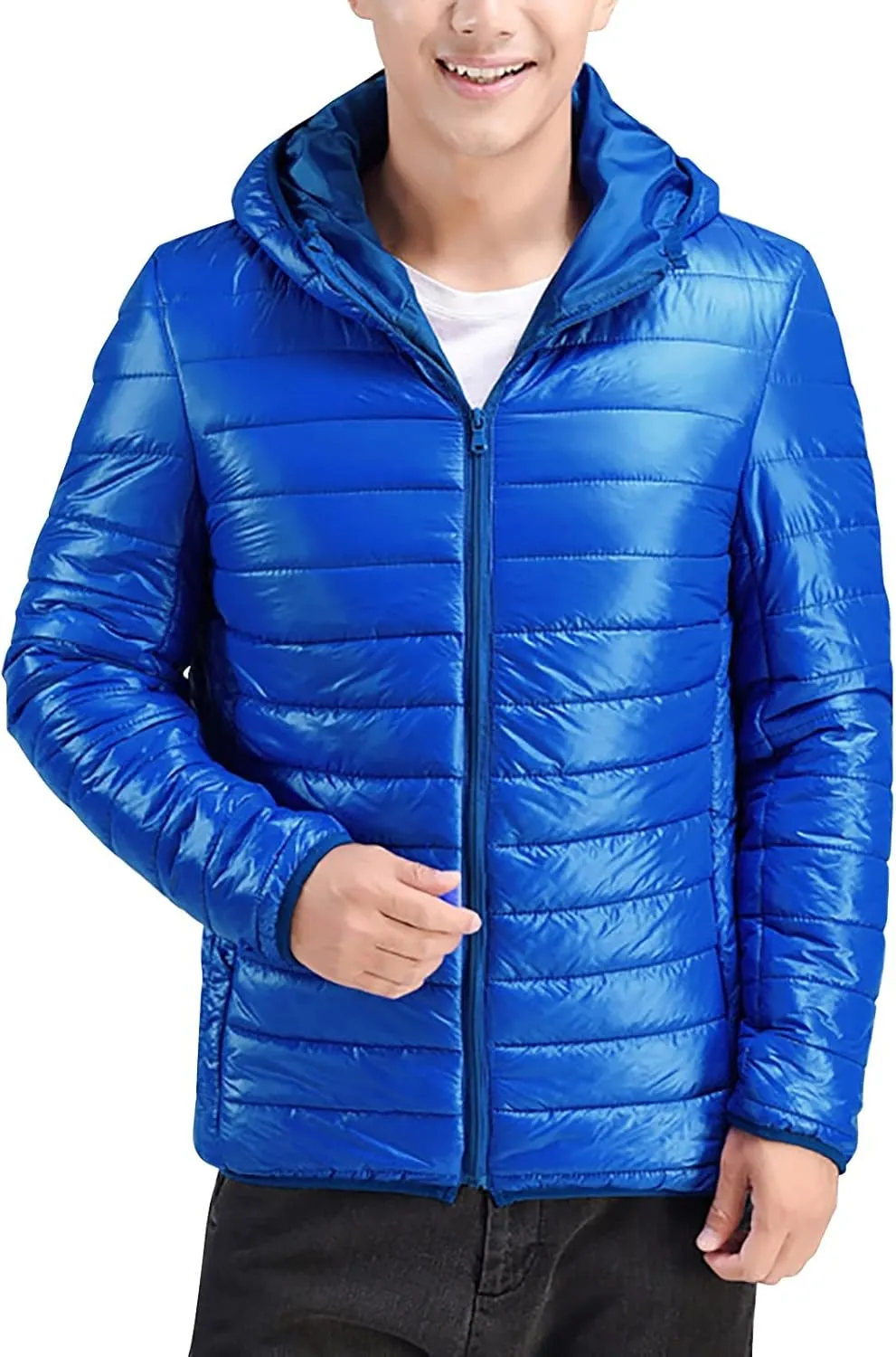 QWENTMTNTY Winter Puffer Jackets for Men with Hoodie Slim Fit Zipper Thermal Down Coats Big and Tall Waterproof Windbreaker