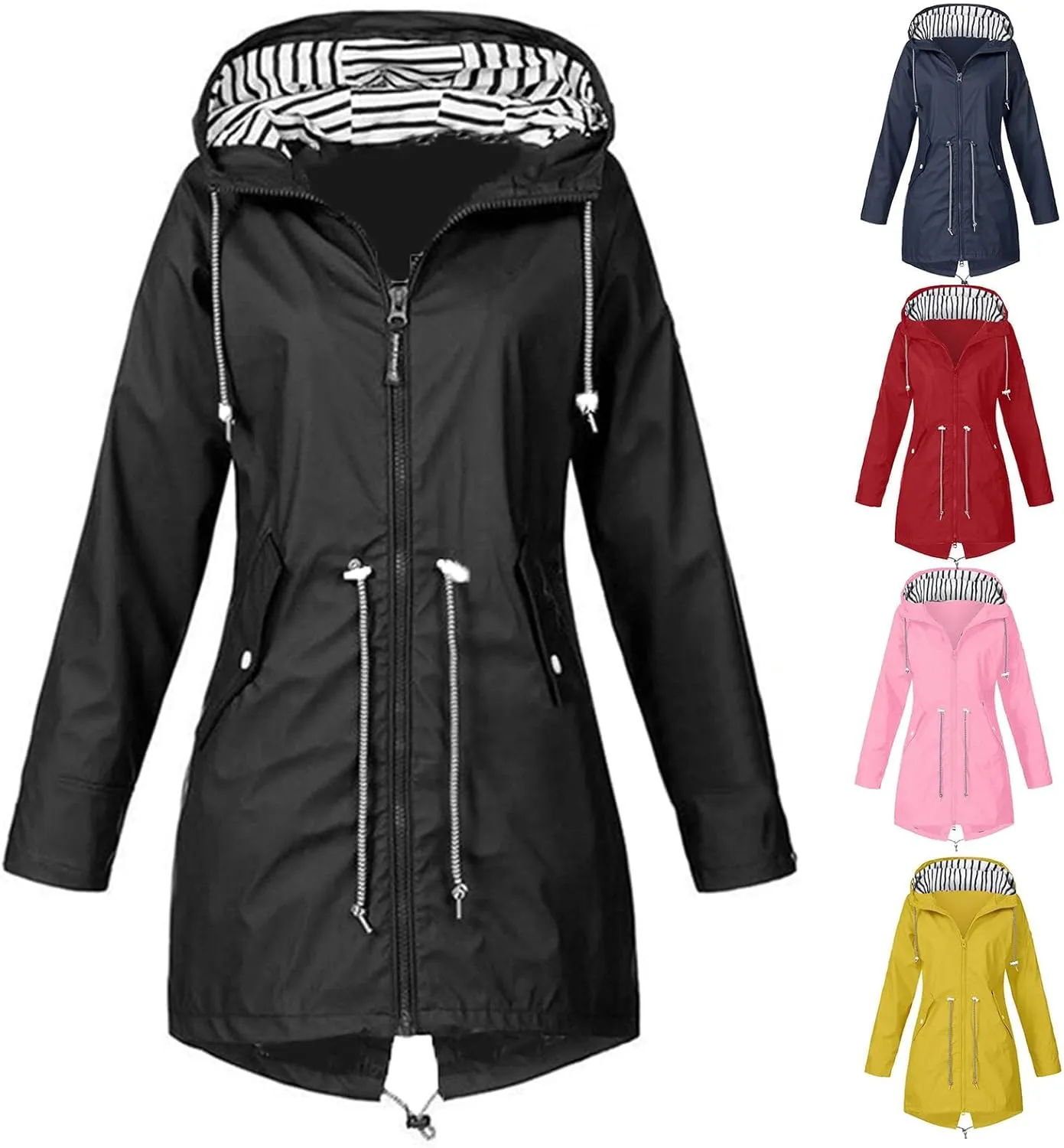 Rain Jacket for Women Waterproof Raincoat Zip Up Hooded Jackets Outdoor Windbreaker Lightweight Trench Coat