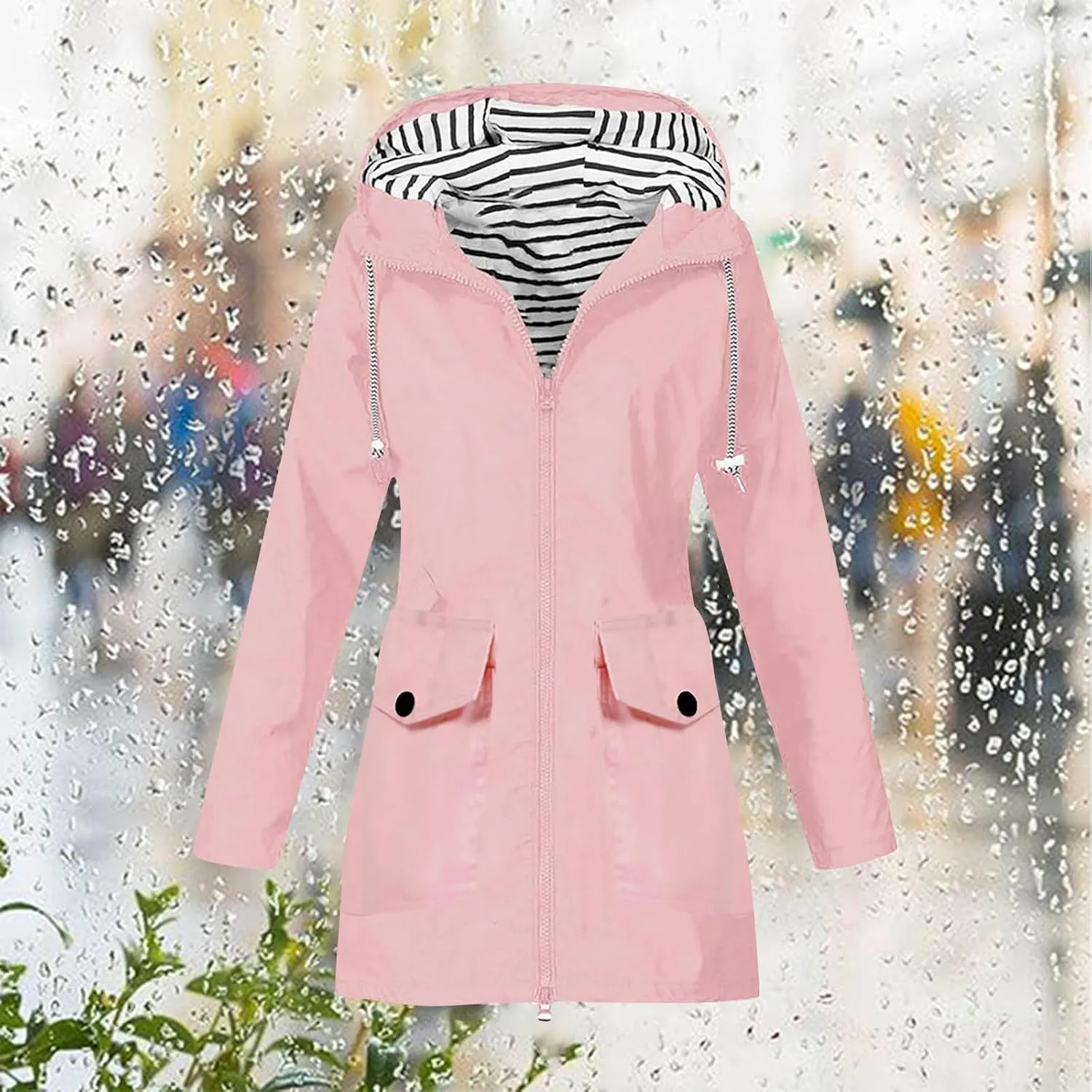Rain Jacket for Women Windproof with Hood Long Hooded Trench Coats Lined Windbreaker Travel Jacket