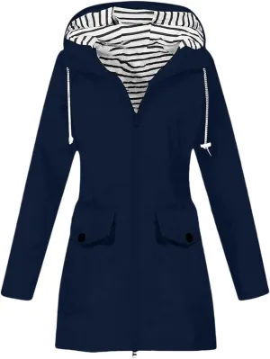 Rain Jacket for Women Windproof with Hood Long Hooded Trench Coats Lined Windbreaker Travel Jacket