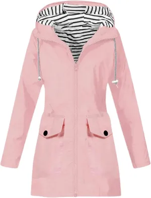 Rain Jacket for Women Windproof with Hood Long Hooded Trench Coats Lined Windbreaker Travel Jacket