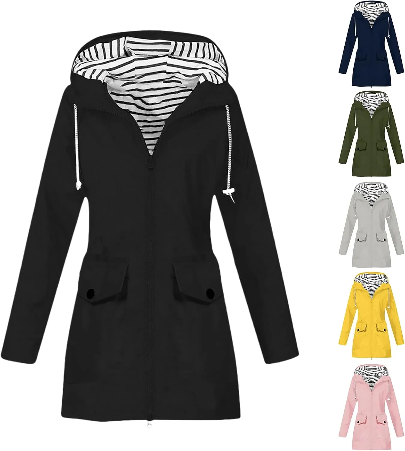 Rain Jacket for Women Windproof with Hood Long Hooded Trench Coats Lined Windbreaker Travel Jacket