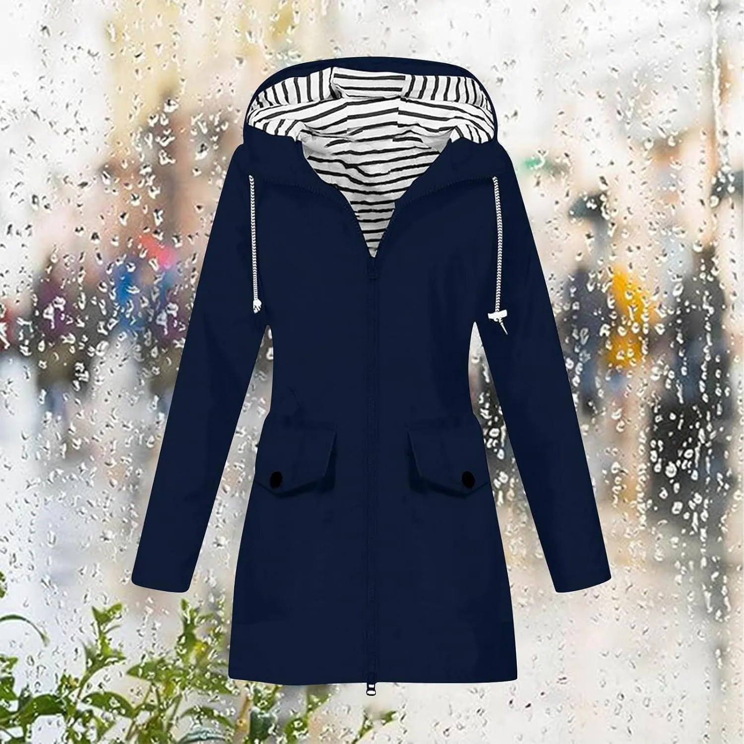 Rain Jacket for Women Windproof with Hood Long Hooded Trench Coats Lined Windbreaker Travel Jacket