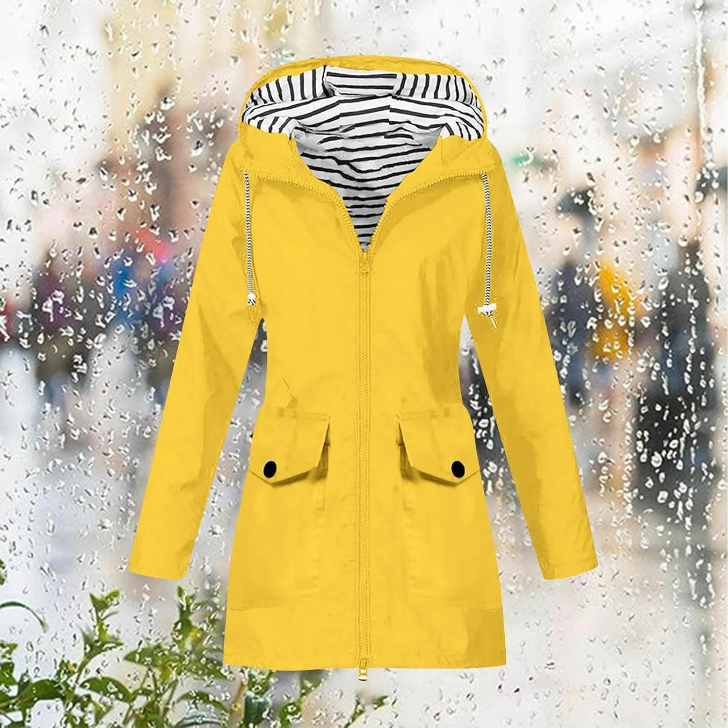 Rain Jacket for Women Windproof with Hood Long Hooded Trench Coats Lined Windbreaker Travel Jacket