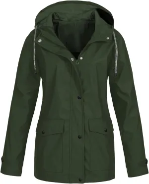 Rain Jackets Women Lightweight Hooded Trench Coats Button Down Coats Zip Up Windbreaker Plus Size Hiking Windbreaker