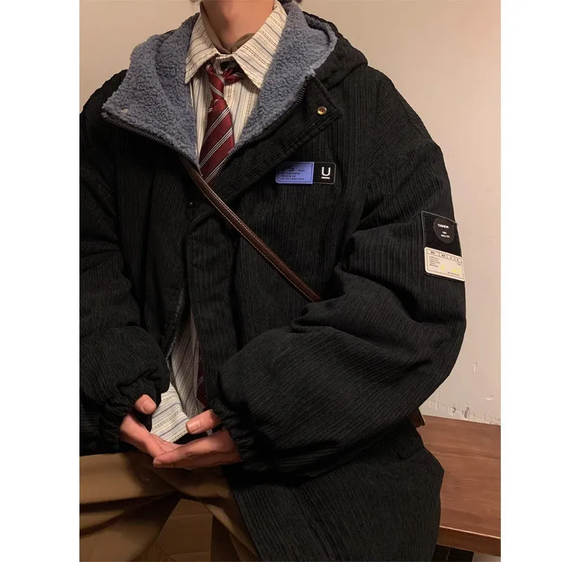 Riolio mens jackets Corduroy Coat Men's Winter Thickened Lamb Wool Stitching Cotton-Padded Coat plus Size Loose Cotton-Padded Jacket Youth Cotton-Padded Coat