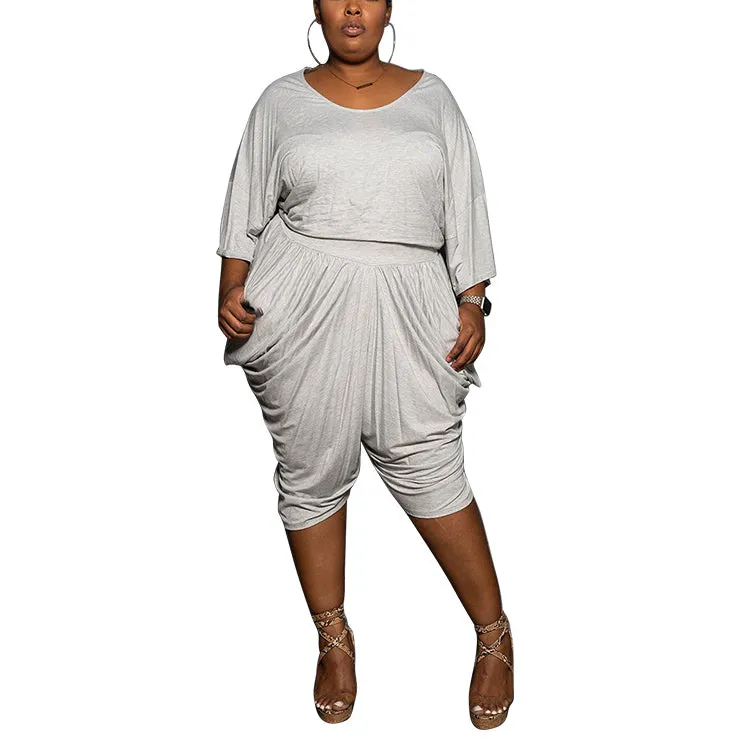 Round Neck Solid Color Pleated Loose Casual Suit Two-Piece Set Wholesale Plus Size Womens Clothing N3823100900042