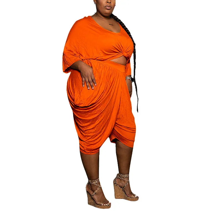 Round Neck Solid Color Pleated Loose Casual Suit Two-Piece Set Wholesale Plus Size Womens Clothing N3823100900042
