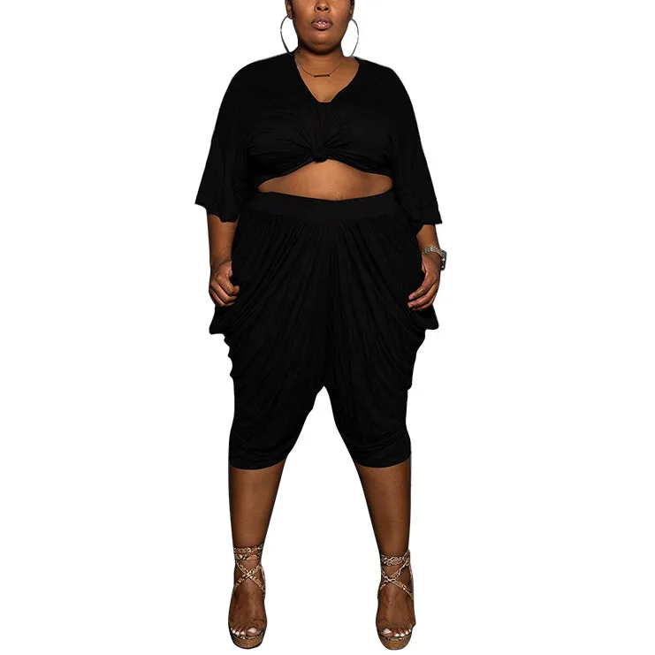 Round Neck Solid Color Pleated Loose Casual Suit Two-Piece Set Wholesale Plus Size Womens Clothing N3823100900042