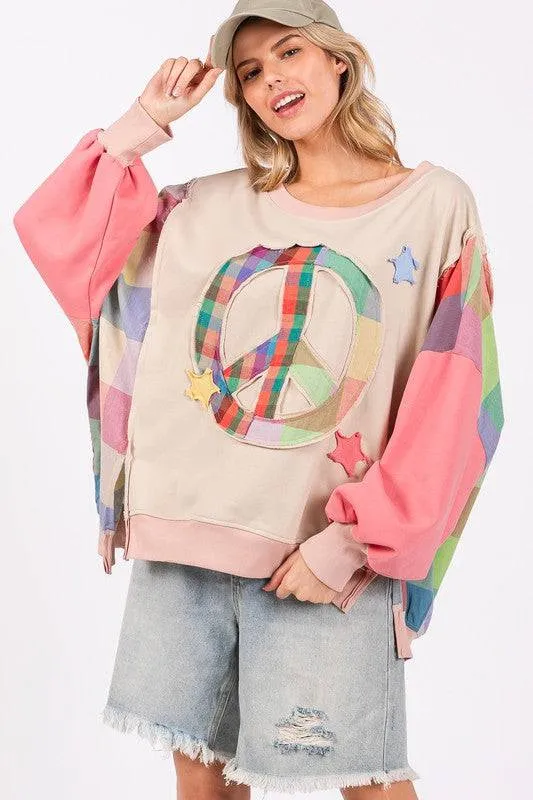 SAGE   FIG Full Size Contrast Peace Patch Dropped Shoulder Sweatshirt