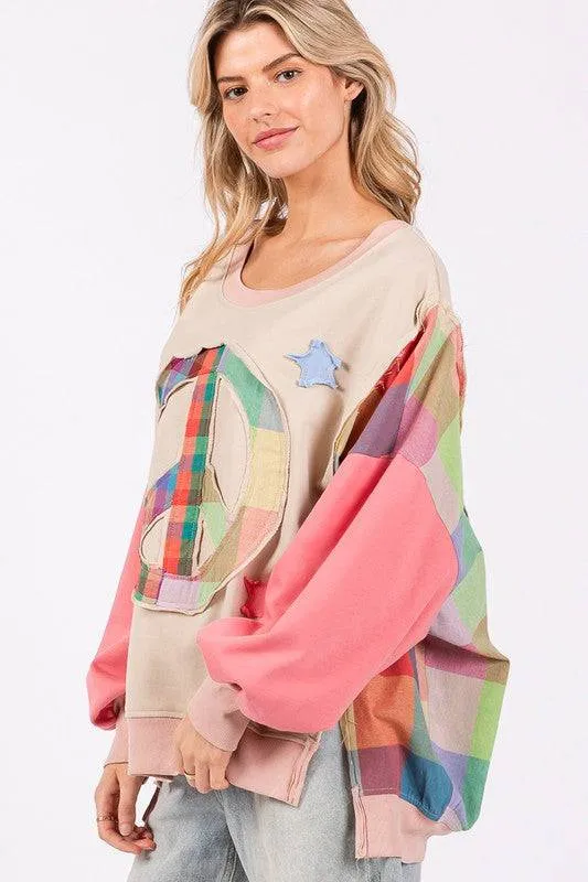 SAGE   FIG Full Size Contrast Peace Patch Dropped Shoulder Sweatshirt