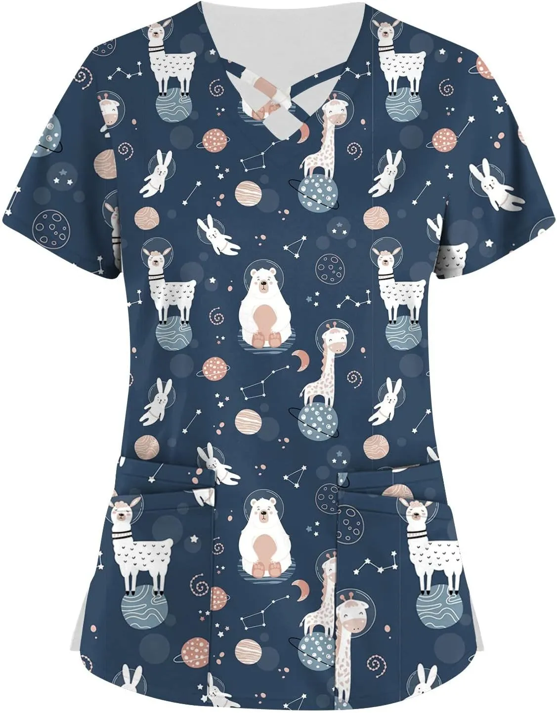 Scrub Tops Women Print Short Sleeve Working T-Shirts Criss Cross V Neck Fashion Nurse Uniforms Cute Care T Shirts
