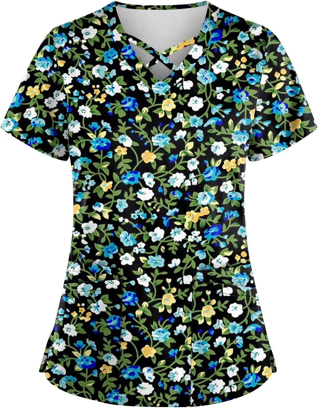 Scrubs for Women Print Criss Cross V Neck Working T-Shirts Short Sleeve Fashion T Shirts Summer Nurse Uniforms