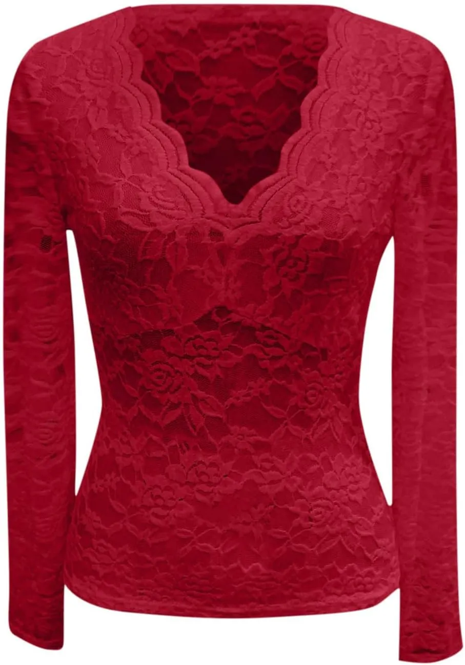 See Through Mesh Tops for Women Sheer Long Sleeve Sexy Deep V Neck Blouses Undershirts Slim Fit Floral Lace Tee Shirt