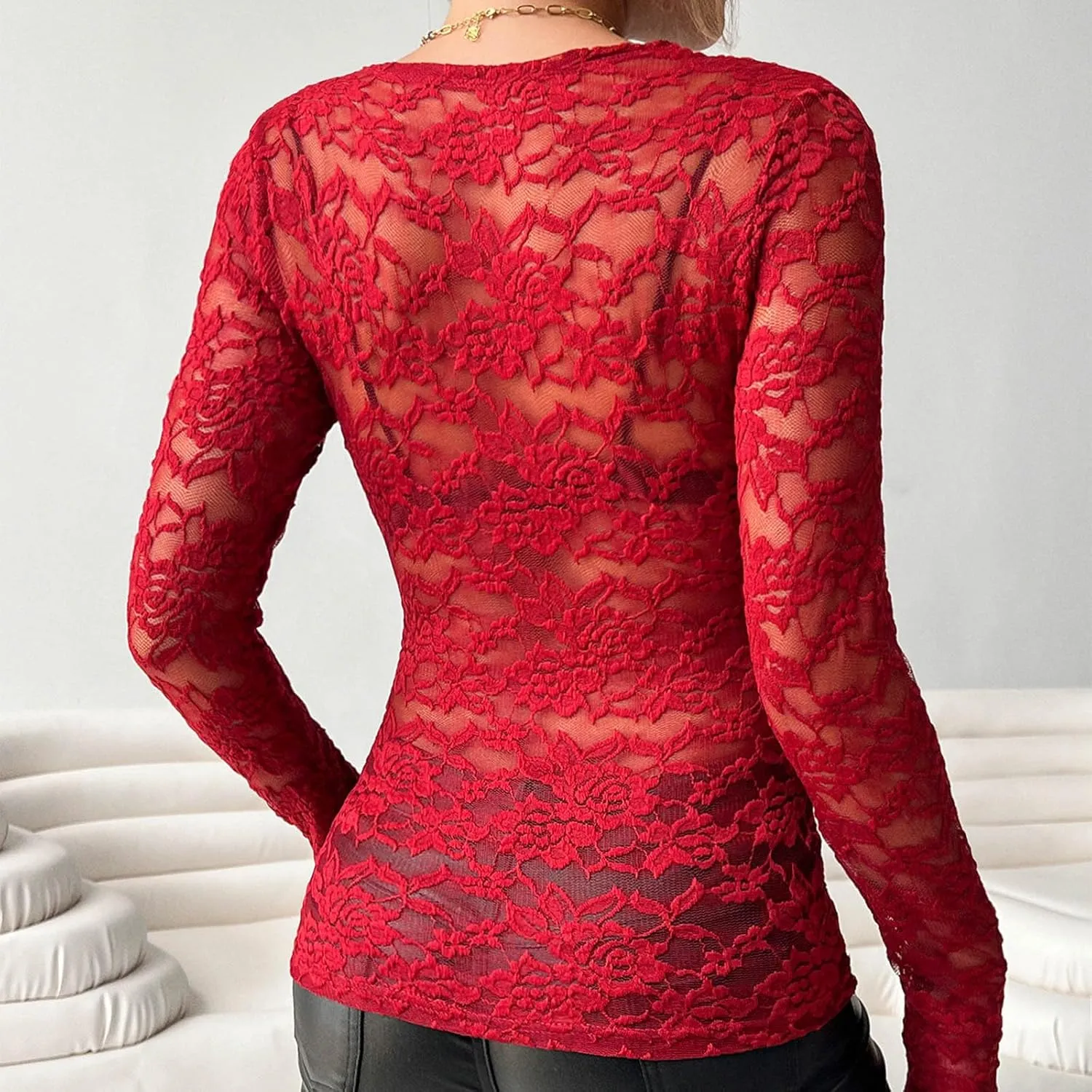 See Through Mesh Tops for Women Sheer Long Sleeve Sexy Deep V Neck Blouses Undershirts Slim Fit Floral Lace Tee Shirt