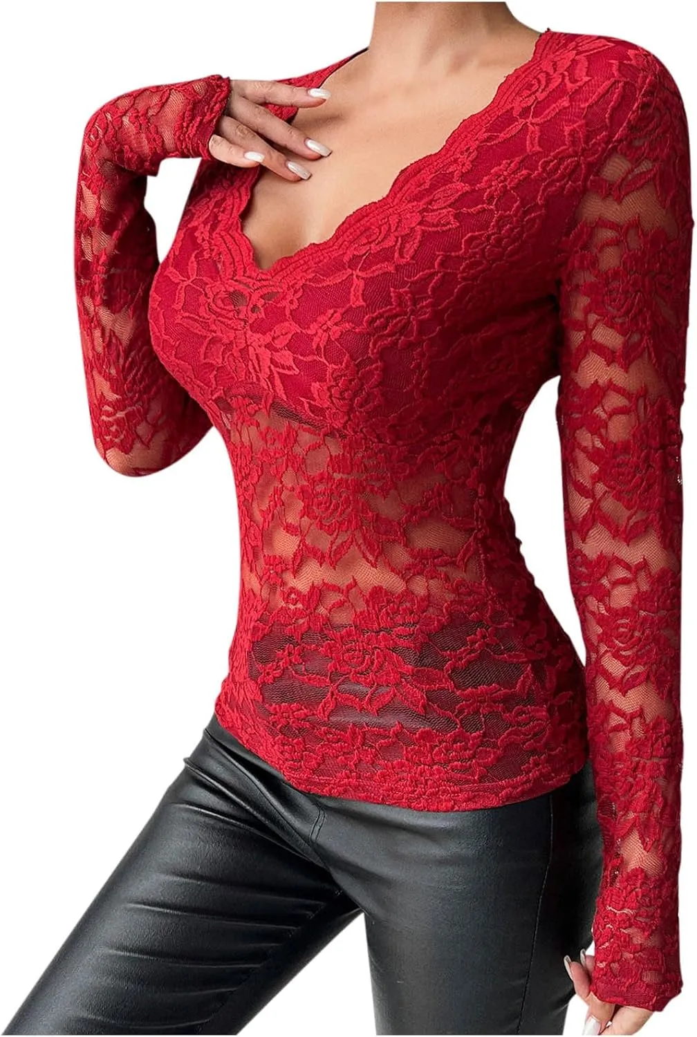 See Through Mesh Tops for Women Sheer Long Sleeve Sexy Deep V Neck Blouses Undershirts Slim Fit Floral Lace Tee Shirt