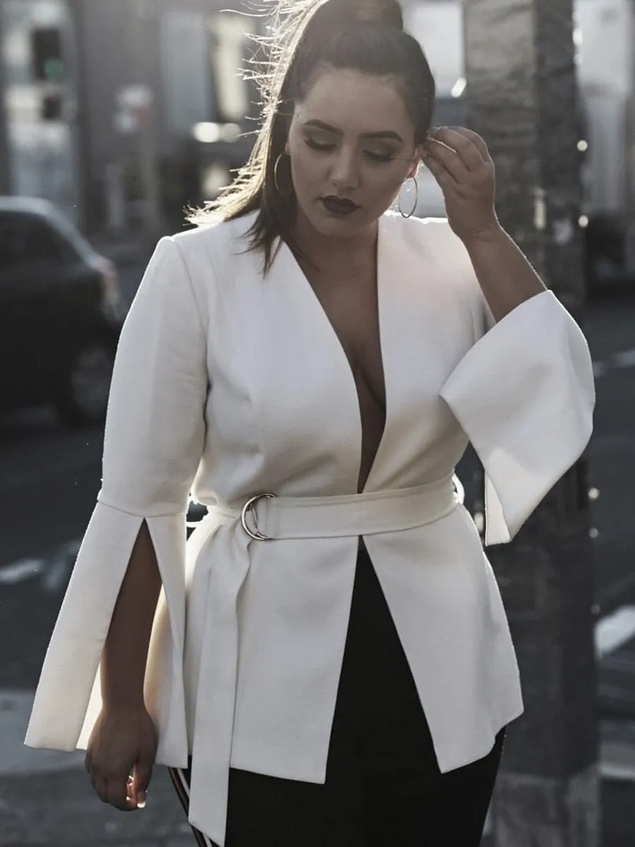 Sexy V Neck Plus Size Blazer - White