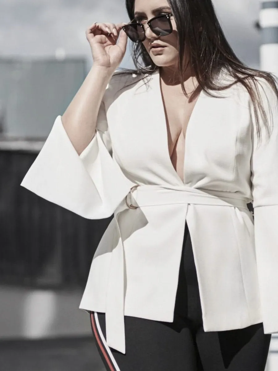 Sexy V Neck Plus Size Blazer - White
