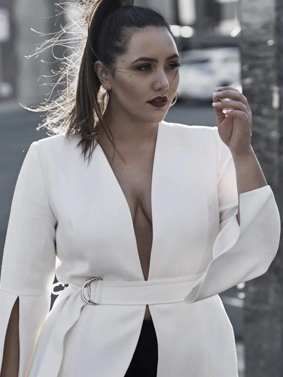 Sexy V Neck Plus Size Blazer - White