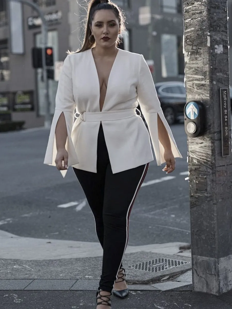 Sexy V Neck Plus Size Blazer - White
