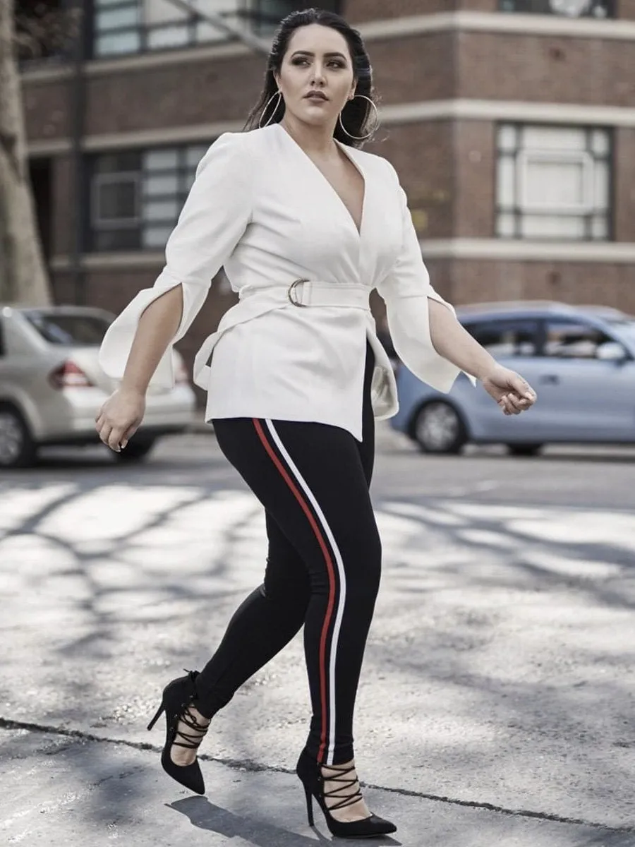 Sexy V Neck Plus Size Blazer - White