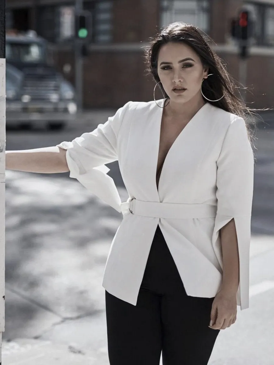 Sexy V Neck Plus Size Blazer - White