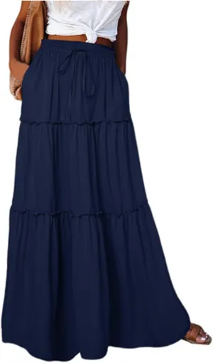 Skirts for Women Summer Flowy Tiered Elastic High Waisted Skirt Vacation Swing Long Solid Maxi Skirts