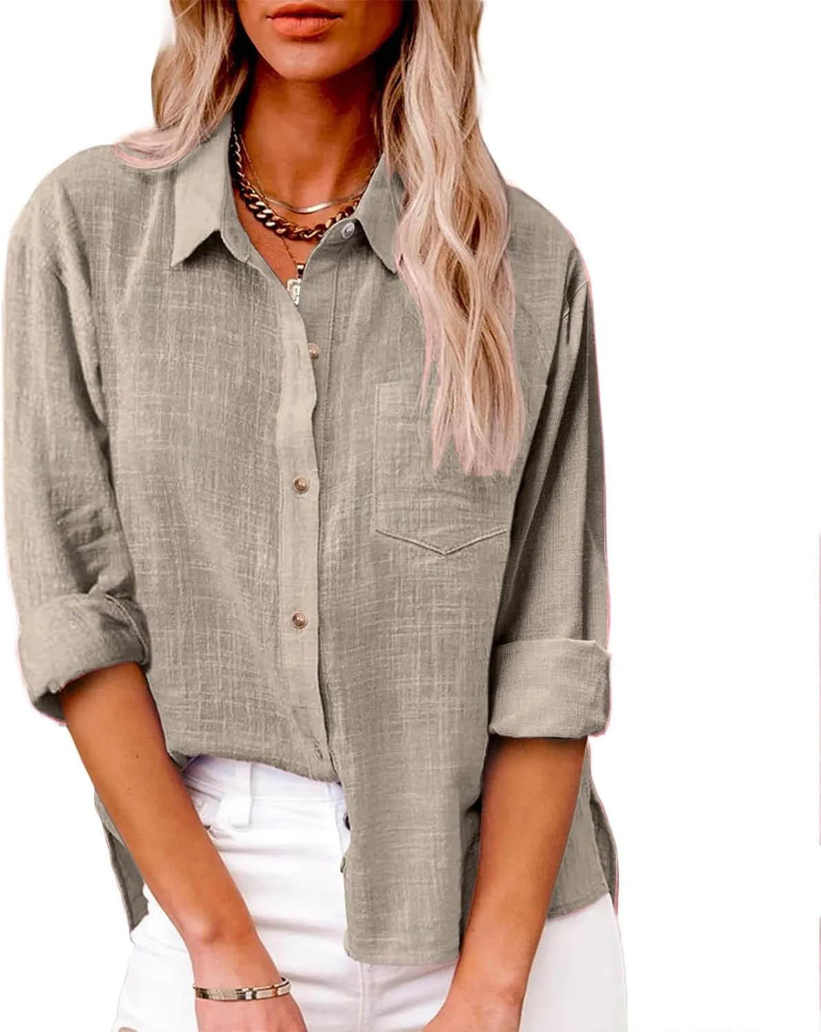 SMIDOW Womens Cotton Linen Button Down Shirt