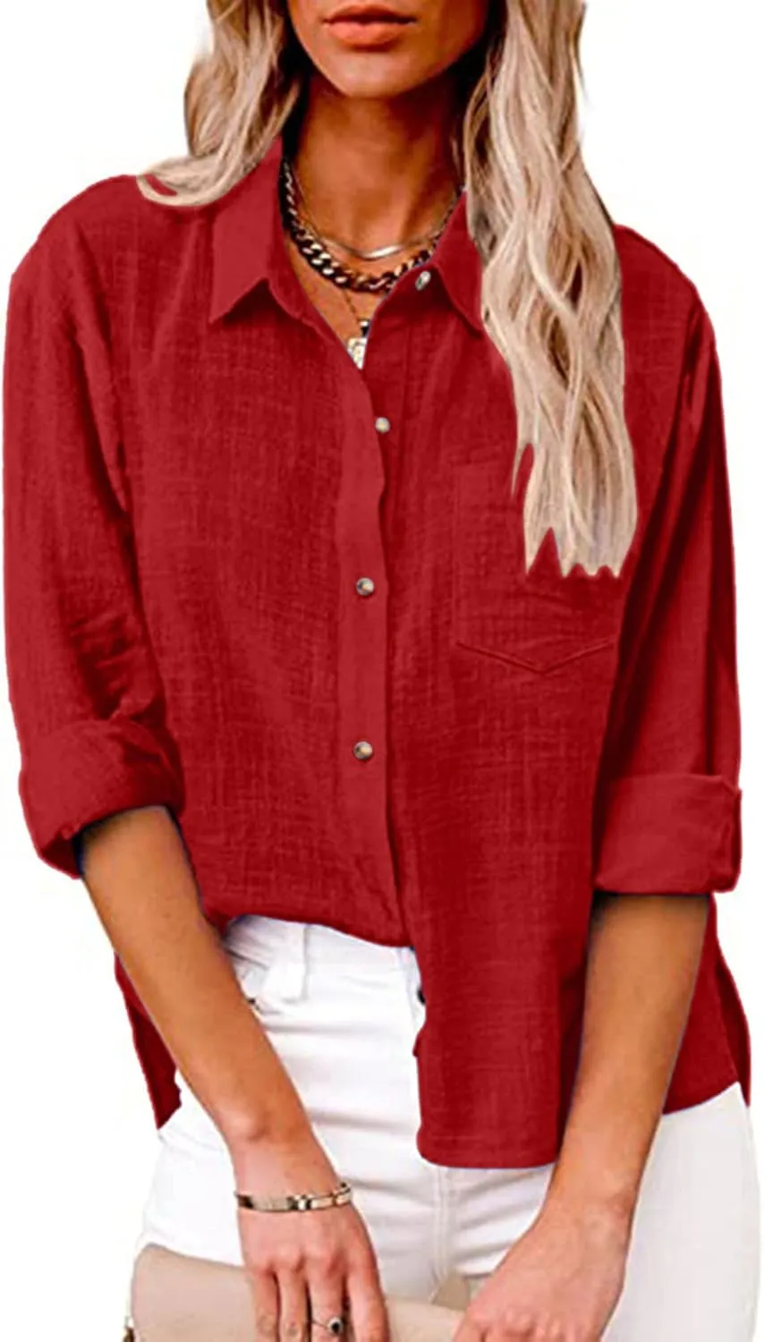 SMIDOW Womens Cotton Linen Button Down Shirt